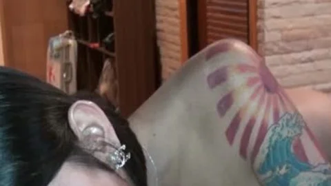 Young thai tranny ladyboy in her lingerie amongst big cock guy